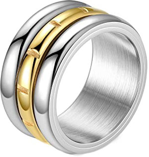 Mesnt Damenring Gold, 12Mm Spinner Ring Mit Zweifarbigen Gewölbten Bändern Silber Gold Größe 54 (17.2)