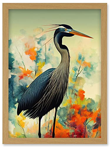 Wee Blue Coo Heron Bird in Abstract Flower Field Colourful Teal Orange Navy Illustration Artwork Framed Wall Art Print A4