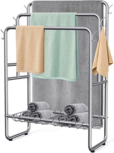 40 H Free Standing Towel Rack with 2 Storage Baskets & 6 Hooks, 3 Tier Silver Metal Towel Stand for Extra Large Towel, Modern Industrial Blanket Ladder Display and Drying Rack for Bedroom Bathroom