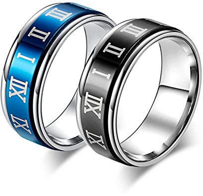 Wycian Drehbarer Ring Damen, Ringe für Herren Edelstahl Römische Zahlen Blau Größe 62 (19.7) Versprechen Ring für Braut und Bräutigam