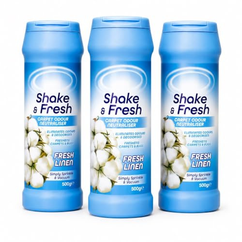 3 Shake & Fresh Carpet Freshener Powder - Fresh Linen Scented - Rug, Mat & Carpet Odour Neutraliser & Eliminator - Carpet Fresh 500g