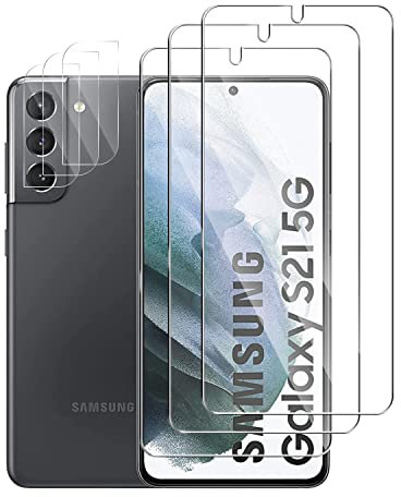 Pcircb(3 + 3 pieces) Screen Protector for Samsung Galaxy S21 5G Tempered Glass 3 pieces with camera protective glass, 3 pieces, 9H Hardness, anti-scratch, bubble-free, High Sensitivity