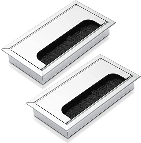 Meeyoo Rectangle Wire Hole Cover, 2 Pack Office Table Desk Cable Grommet with Brush, Aluminum Alloy Home Desk Computer Cable Outlet Port (Silver)