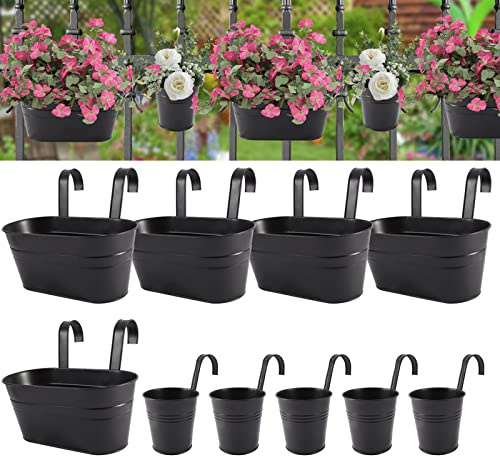 HowRU Metal Iron Flower Pots for Railing Fence Hanging Bucket Pots(5 Pcs) and Hanging Flower Pots Metal Iron Bucket Planter(10 Pcs) (Black)