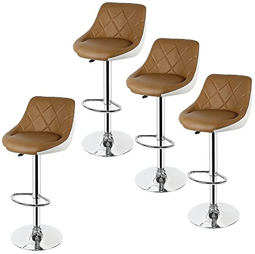 Drumm Lot de 4 Tabourets de Bar,Chaises de Bar Scandinave en Cuir PU,Réglable en Hauteur et Rotative à 360°,Tabourets Hauts avec Dossier et Repose-Pieds(Brun Clair-4)