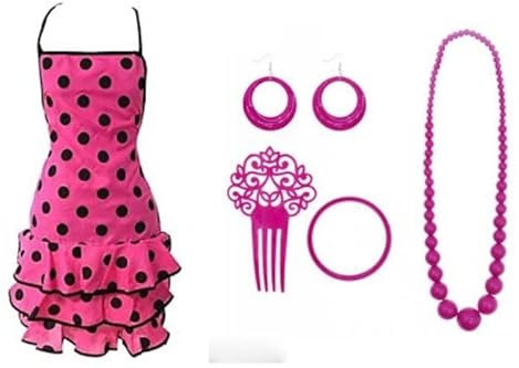 JORXG Delantal Sevillana Flamenca Lunares con Accesorio Peineta Collar Pulsera Pendientes para Feria, Delantal Cocina para Mujer, Fucsia Lunares Negros