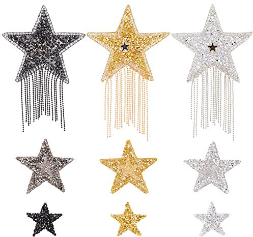 FINGERINSPIRE 9PCS 9 Style Star Iron on Applique Patches Silver Gold Black Hotfix Rhinestone Patches Tassel Star Glitter Crystal Patches Decorative Sewing Applique for Clothes Pants Hats Bags