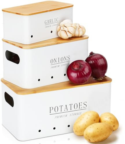 Otauoaea Boite Pomme de Terre - Lot de 3 Rangement Pomme de Terre - Boite Oignon - Boite Ail - Conservation Pomme de Terre avec Couvercle en Bambou - Boite Rangement Cuisine - Blanc