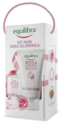 equilibra, Kit Mani Rosa Ialuronica, Kit Regalo con Crema Mani, Levigante e Protettiva, 75ml e Sapone 100% Vegetale, con Estratto di Rosa Damascena, Acido Ialuronico