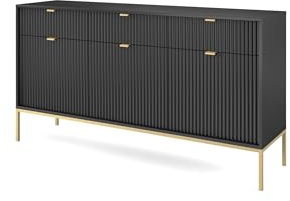 BETTSO - Nova KSZ-154 - Kommode - Schminktisch - Komodenschrank - 83 cm hoch, 154 breit - 3 Schubladen, Geriffelt - für Wohnzimmer - Modern, Glamour - Schwarz - mit goldenen Griffen und Beinen