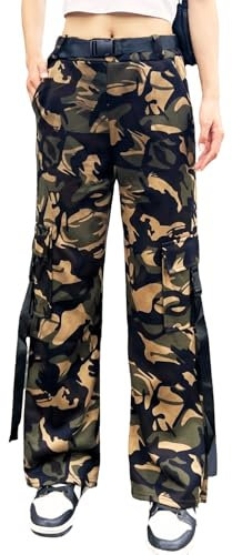 Nuofengkudu Damen Camouflage Hose Cargo Jogginghose Straight Tarnhosen Gummibund 4 Taschen Lockere Trainingshose Combat Freizeithose Sporthosen Bequeme Schlupfhose Teenager Streetwear Grün L