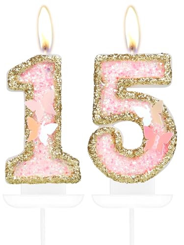 Schmetterling 15. Gebstag Nummer 15 Kerzen, Rosa Gold - Kuchen & Cupcake Topper, Mchen 15. Gebstag Dekoration