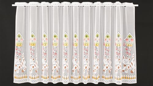 Gardinen Kranzusch Scheibengardine Vogelhaus und Katze 60x98 cm H/B weiß bunt Bistrogardine Vorhang Küche 1er Pack