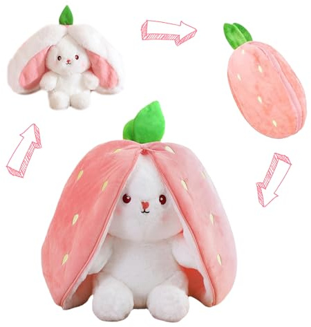 OXRXRO Flip Plüsch Spielzeug, Karotten Hasen Kuscheltier, Gefülltes Kaninchen mit Karotten und Erdbeeren, Kaninchen Karotte Puppe für Kinder, Jungen, Mädchen(Erdbeere, 18cm)