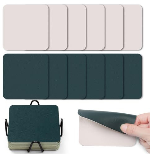 Myir JUN Untersetzer Gläser 12er Viereckige Glas Untersetzer Set 10cm Doppelseitige Untersetzer Teller Wasserfeste rutschfeste Untersetzer mit Untersetzerhaltern(Beige Grün)