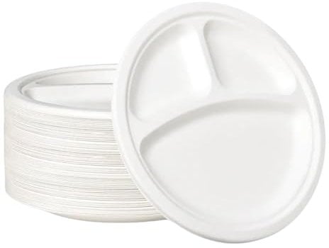 1ABOVE 50 Pack 10-inch 3 Compartment Extra Strong White Disposable Bagasse Plates, 100% Compostable and Biodegradable, Made from Sugarcane Fibre, Perfect for BBQ, Wedding, Office, Picnics and Parties