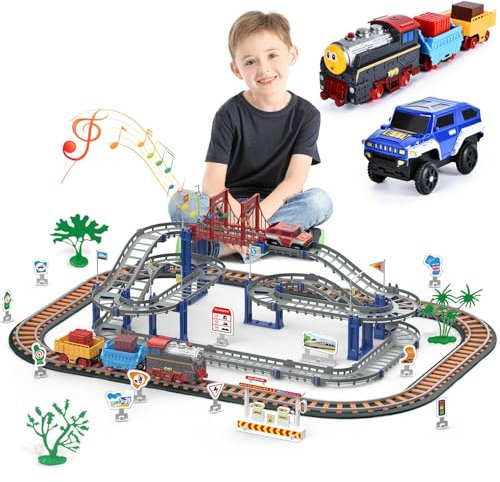 JONRRYIN Kinder Eisenbahnschiene Zug Spielzeug Set, Autorennbahn Spielzeug mit Zug&Autobahnautos, für Kinder 5 6 7 8 10+Jahre Geschenk (84 Stück)