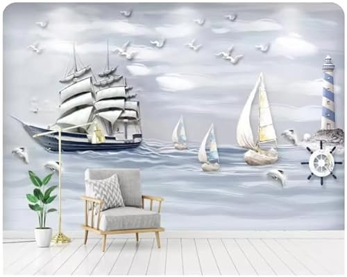 Vlies Fototapete Segelschiff Meer Leuchtturm 300X210 Cm - Foto Tapete Schlafzimmer Wohnzimmer Moderne Vliestapete Xxl Wandtapete Motivtapeten Wand Dekoration