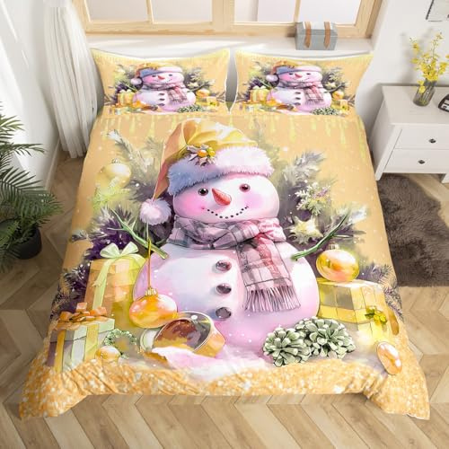 Homewish Winter Schneemann 135x200 Bettwäsche Set,Gold Ornamente Bettbezug Kawaii Zimmer Dekor für Kinder Mädchen Jungen,Weihnachtsdekorationen Bett Set Schneeflocke Bettbezug