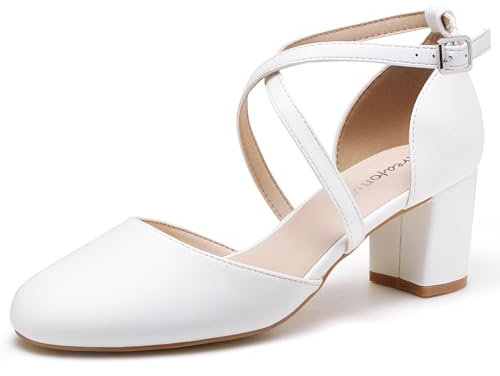 Greatonu Damen Pumps Riemchenpumps Spangenpumps Sandale mit Kreuz Knöchelriemen Blockabsatz Geschlossener Spitze Glitzer Pumps - Perfekt für Hochzeiten und Partys Weiß 39 EU