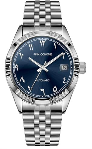 Luxuriöse mechanische Stahluhr mit arabischen Ziffern, Automatikwerk, Urdu-Ziffern, 38mm Herrenarmbanduhr mit leuchtender, wasserdichter Datumsanzeige (Blau)