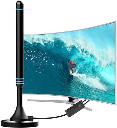 Antenne TV Intérieure Puissante TNT HD avec Base Magnétique, Amplificateur de Signal Intégré et Câble Coaxial 5M - Réception 360° pour Chaînes Locales et Nationale