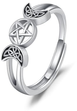 TRISHULA Dreifache Mondgöttin-Ring aus 925 Sterling Silber Pagan Wicca Pentagramm-Ring Verstellbarer Dreifache Mondgöttin-Schmuck Geschenke für Frauen Freundin Ehefrau