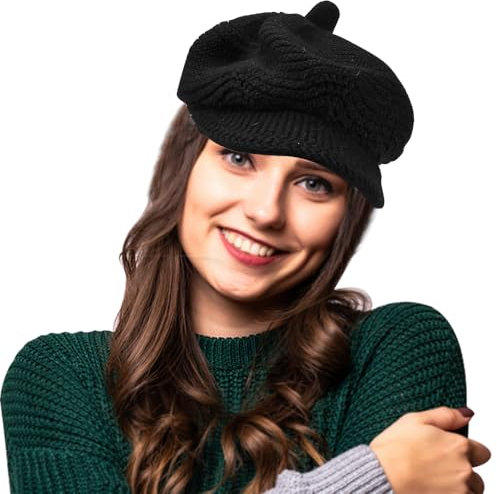 EUIEUT Strickmütze mit Schirm Herren Damen Wintermütze mit Rand Baskenmütze Wollmütze Winter Mütze Warme Ballonmütze Schwarz Schirmmütze Weiche Stulpenmütze Ideal für Outdoor Aktivitäten Geschenke