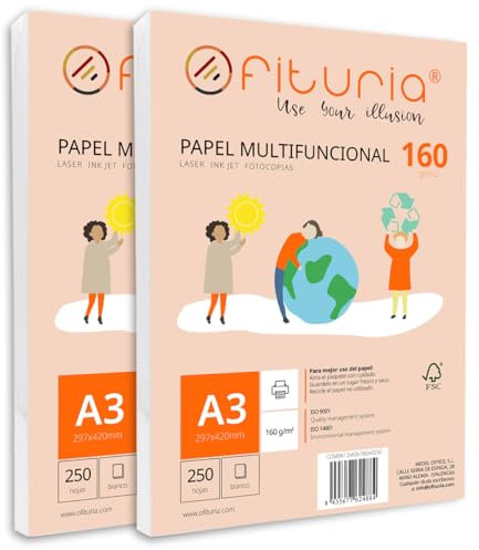 Packung mit 500 weißen DIN A3 Blättern, 160g Druckerpapier. Multifunktionales Kopierpapier für Schule und Büro. Ideal für Laserdrucker, Tintenstrahldrucker oder Kopierer – Ofituria