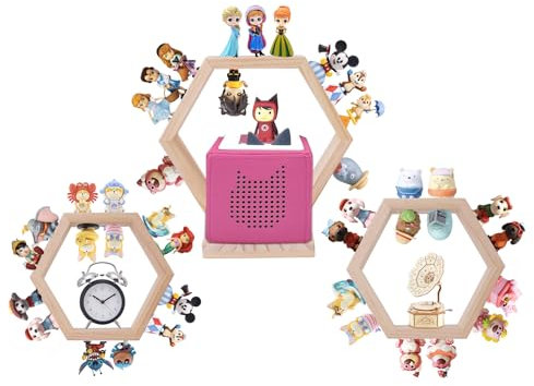 Givilio Tonie Shellf Hexagon for Toniebox Starter Tonie Shelf Wall Mounted Set of 3, Magnetic Wooden Floating Shelves Compatible with Tonie Box Player Tonie Figures Storage Tonie Shelvies(Natural)