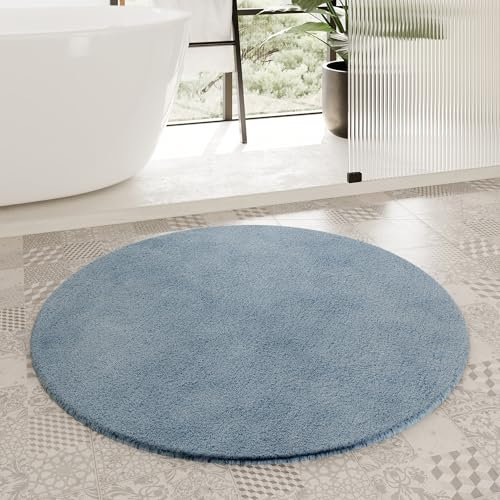 Homie Living Badteppich, Badematte kuscheliger Flauschiger weicher Flor l rutschfest und Waschbar Porto Azzurro (90 cm rund, Rauch blau)