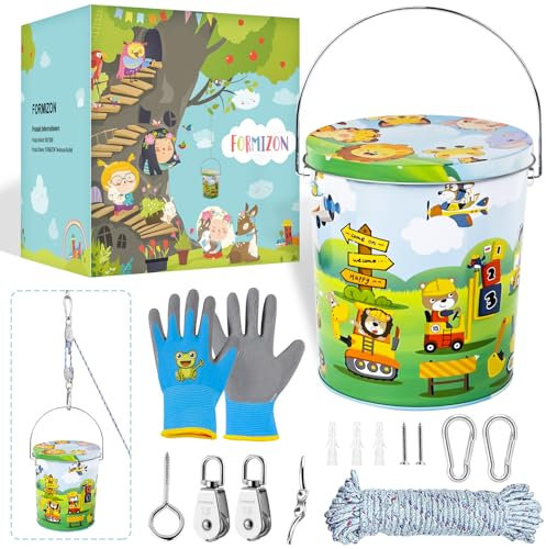 FORMIZON Flaschenzug Kinder, Flaschenzug Riemenscheibe mit Metalleimer, Zubehör fürs Baumhaus Spielturm, Riemenscheibensystem Spielturm Zubehör Gartenspielzeug für für Kinder ab 3 Jahren (Tiere)