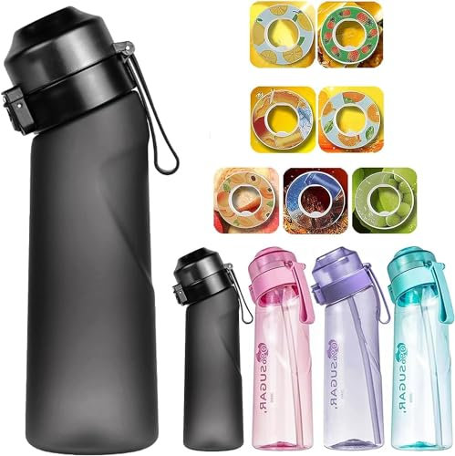 FIENZA Air Gourde Up Bouteille 650ML Avec 7 sul Saveur Gout Pods, Air Bouteille Up d'eau Parfumée Tritan Sans BPA Avec Paille 0 Sucres et Tasse d'eau (650ml black)