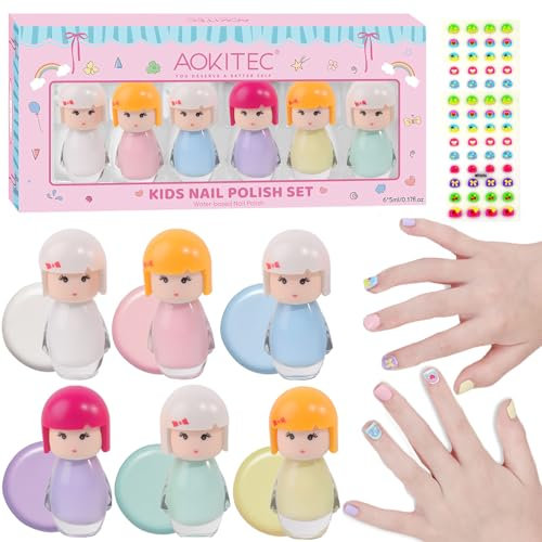Aokitec Kids Nail Polish Set: 6 Colors Bright Vibrant Quick Dry Non-Toxic Nail Polish for Childrens Toddler, Water Based Peel-Off Nail Varnish Kit with Sticker for Girls & Boys Ages 5-12 Manicure