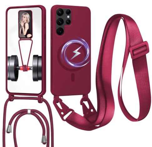 FERLAN Handykette mit Band für Samsung Galaxy S23 Ultra Hülle, Lanyard (abnehmbar) Handyhülle Case mit justierbarer Schnur Abnehmbar Strap, Crossbody Schutzhülle zum Umhängen Kordel, Rot