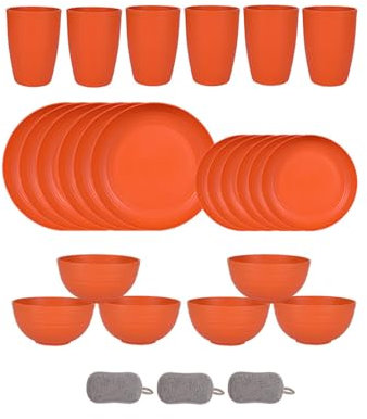 Set di Posate in Plastica da 24 Pezzi Per 6 Persone Ciotole Piatti e Bicchieri Infrangibili Posate da Picnic Colorate e Riutilizzabili Adatto al Microonde e Alla Lavastoviglie (Arancione)