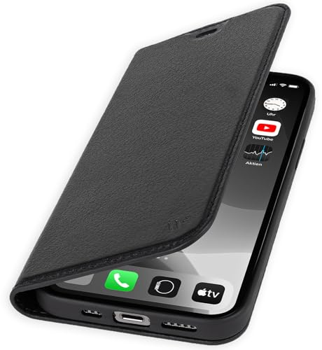 WIIUKA Hülle für iPhone 17, Leder aus Deutschland, mit Kartenfach, extra Dünn, Handyhülle mit Standfunktion, Tasche, Klapphülle, suiit, Schwarz