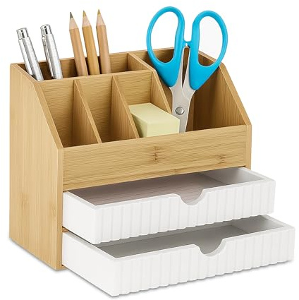Relaxdays Desk Organiser, Drawers & Compartments, HxWxD: 19 x 24 x 14 cm, Bamboo & MDF, Office Storage, Natural/White