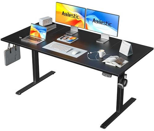 Agilestic Height Adjustable Electric Desk, 2 Memory Height, 160x80cm | 80cm wider Standing Desk, 72-116cm, Sit-Stand Office Desk with 2 Hooks, Computer Desk for Home Office, 4 pcs Desktops, Black