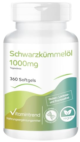 Schwarzkümmelöl 1000mg Tagesbedarf, 360 Softgels, schluckfreundlich, 1000mg pro Tag, kaltgepresst, hochdosiert, Nahrungsergänzungsmittel ohne Magnesiumstearat, in Deutschland hergestellt
