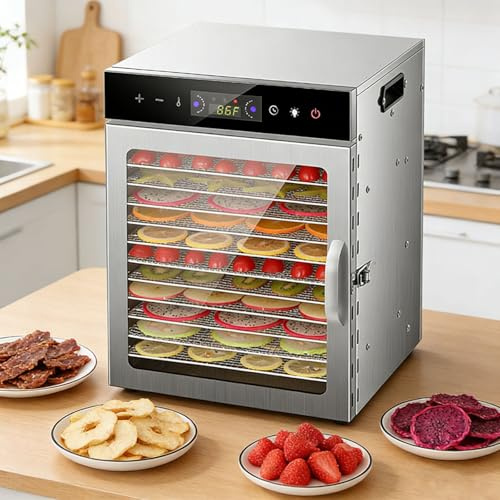 SEDAMORALLY Food dehydrator 10/12 Tabletts,Dörrautomat Edelstahl,30–90 ℃ Temperatureinstellung,Timerfunktion 24h,LED-Beleuchtung,für Obst und Gemüse, BPA-frei,Rezeptheft 12trays