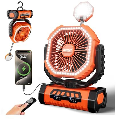 Camping Ventilator 20000mAh, Wiederaufladbarer Tischventilator USB Ventilator mit LED Licht & Haken, 270° Drehung mit Fernbedienung, Camping Fan für Indoor, Outdoor, Zelt, Grillen, Strand - Orange