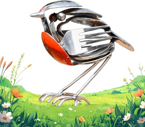 HopeWings Robin Metal Bird Sculpture, Handcrafted Steel Cutlery Art Statue, Unique Decorative Ornament for Garden, Patio or Office Desk (1pcs)