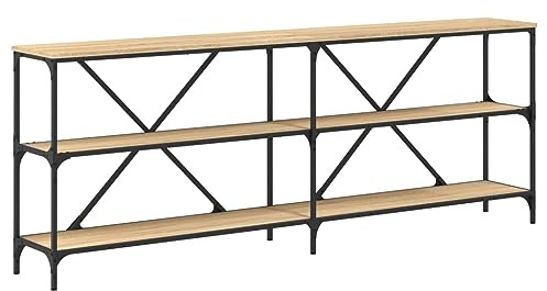 QJBSAVVA Table Console d'Entrée 200x30x75 cm, Meuble de Couloir Long en Bois d'Ingénierie et Métal, Bout de Canapé Industriel avec Cadre en Fer et Structure en X, Chêne Sonoma