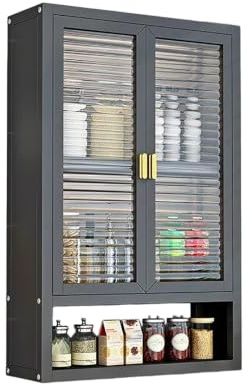 YYBHKHBY Meuble Haut de Cuisine Mural sans Perçage - Placard de Rangement Métallique Portes Persiennes pour Épices - Salle de Bain & Cuisine,Gris,40x14x70cm