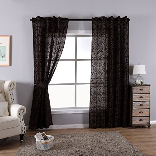 Gardinenbox 2er Set HxB 245x140 cm Vorhang Widseide Optik Braun Barock Blickdicht Flockfasern Deko Gemustert, Blickdicht mit verdecktem Schlaufenband, 20200-20210