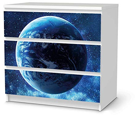 Möbeltattoo passend für IKEA Malm Kommode 3 Schubladen I Möbelaufkleber - Möbel-Folie Tattoo Sticker I Wohn Deko Ideen für Esszimmer, Wohnzimmer - Design: Planet Blue