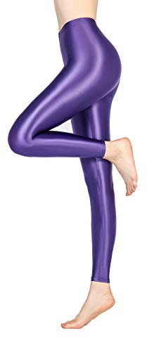 LEOHOX Sexy ölige Glänzende Blickdichte Damen Liquid Stretch High Rise Hochglanzgamaschen Strumpfhose Sport Leggings Fitness(XXL,Violett)