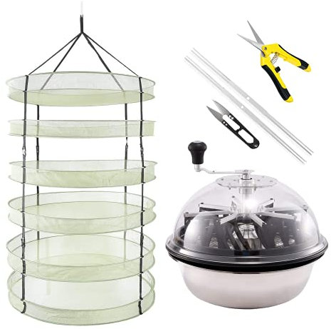 iPower Spin Cut pour plantes et fleurs, équipements améliorés, combo avec filet de séchage à herbes suspendu de 90 cm, 6 couches, sécateur manuel de jardinage de 16,5 cm, jaune, tondeuse de 40,6 cm, 6