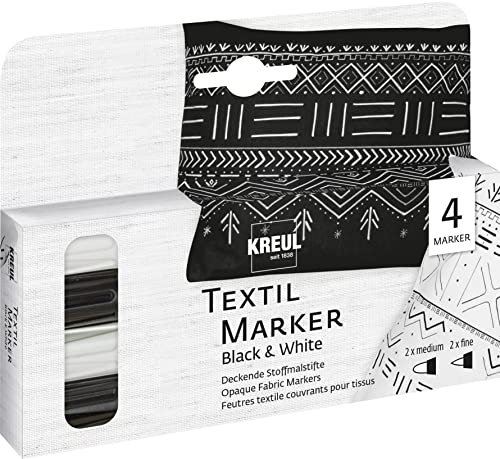 KREUL 92751 - Textil Marker Opak Black and White, 2 x medium, 2 x fine, Stoffmalstifte für Textilien aus Baumwolle, Batist, Leinen, Seide und Mischgewebe bis maximal 20 Prozent Kunstfaseranteil